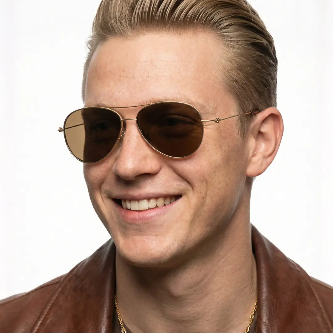 Three-quarter view of male wearing vintage brown aviator sunglasses, smiling, AT0262601S