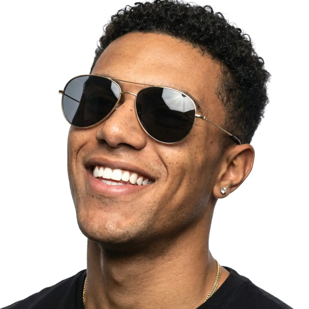 Portrait view of male wearing vintage gray aviator sunglasses, smiling, AT0262601S