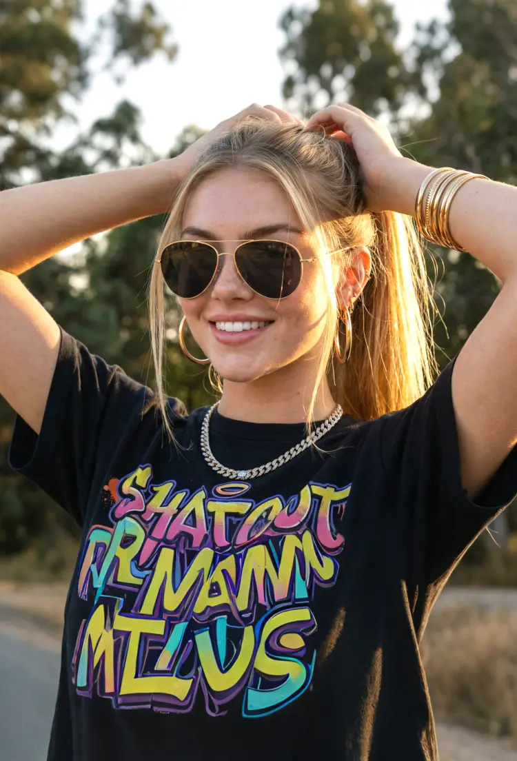 Female model wearing vintage grey aviator titanium sunglasses outdoors at golden hour. SPU: AT0262601S