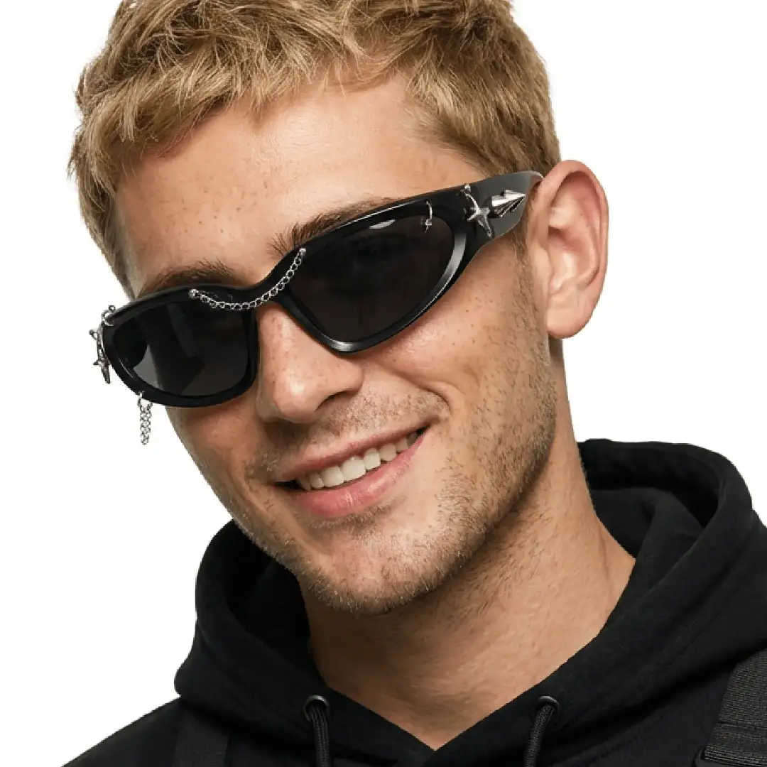 Male wearing fashion black cat eye pc handcrafted polarized sunglasses, smiling while tilting head. SPU: CP0032511