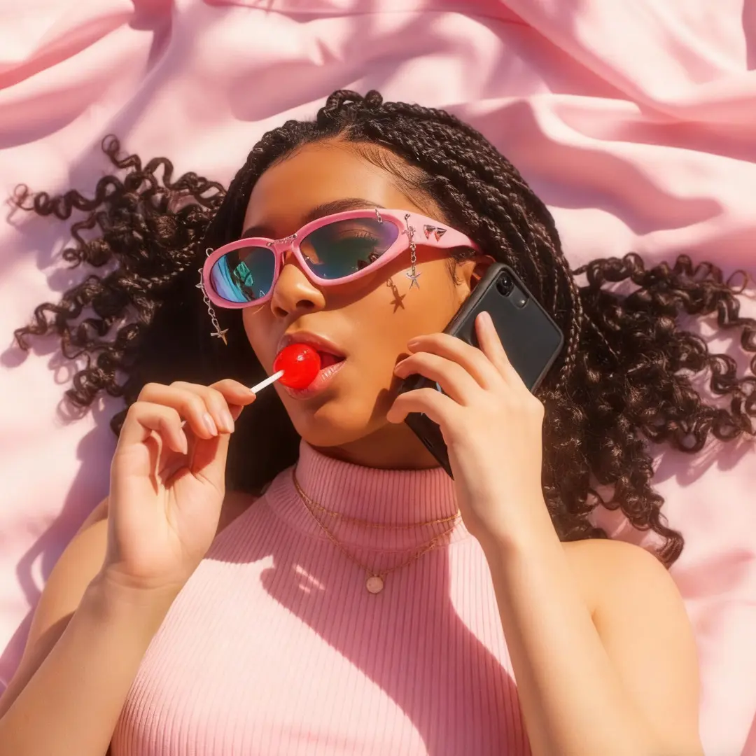 Close-up of female wearing pink cat eye handcrafted polarized sunglasses, relaxed expression, CP0032511