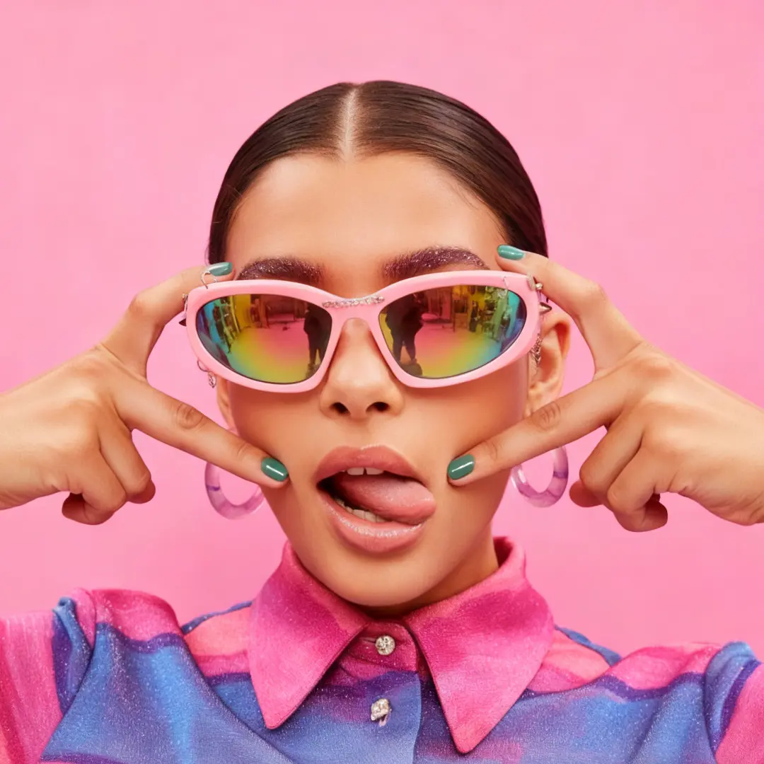 Front view of female wearing pink cat eye handcrafted polarized sunglasses, holding glasses, neutral expression, CP0032511