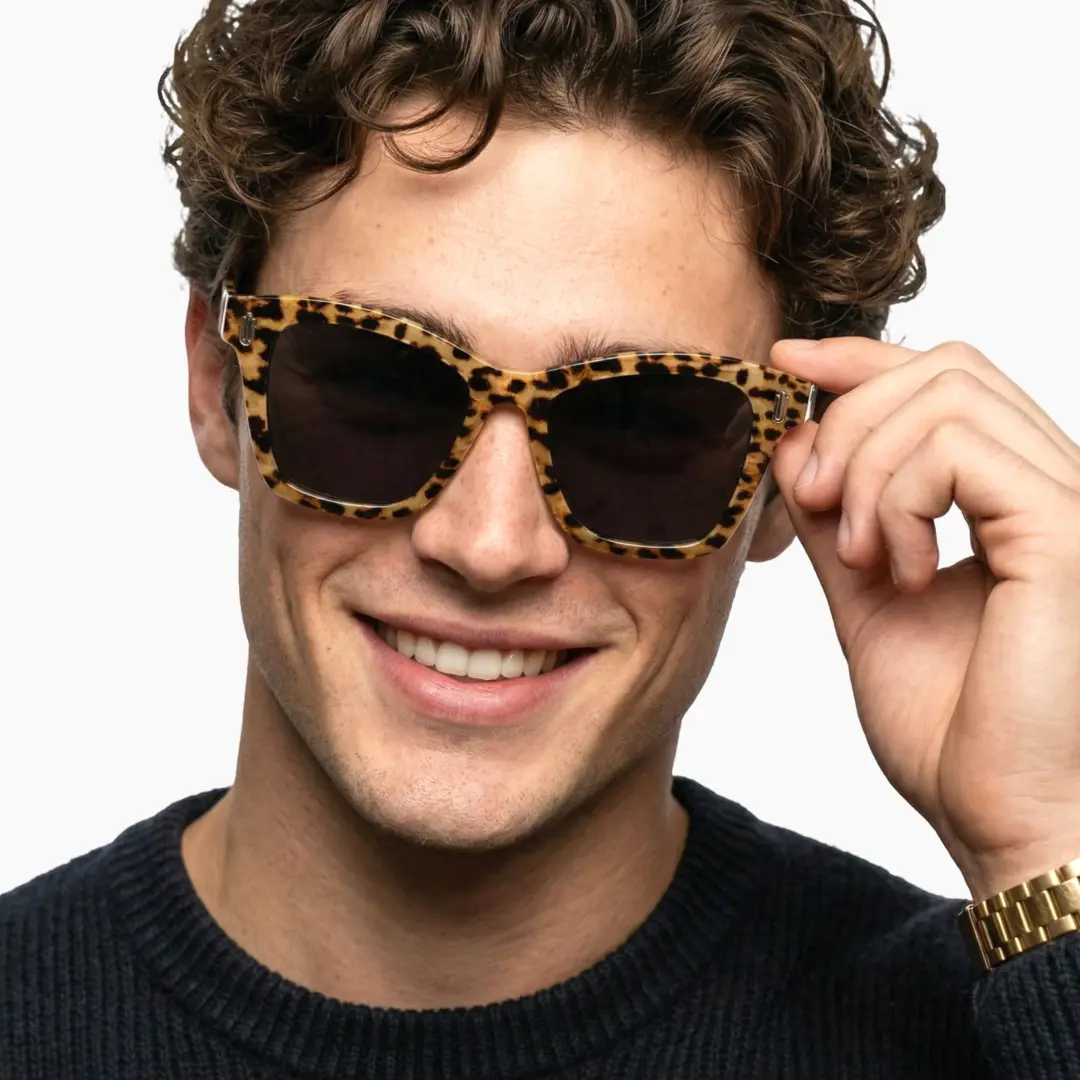 Front view of male wearing tortoise cat eye sunglasses, smiling, CP0122506