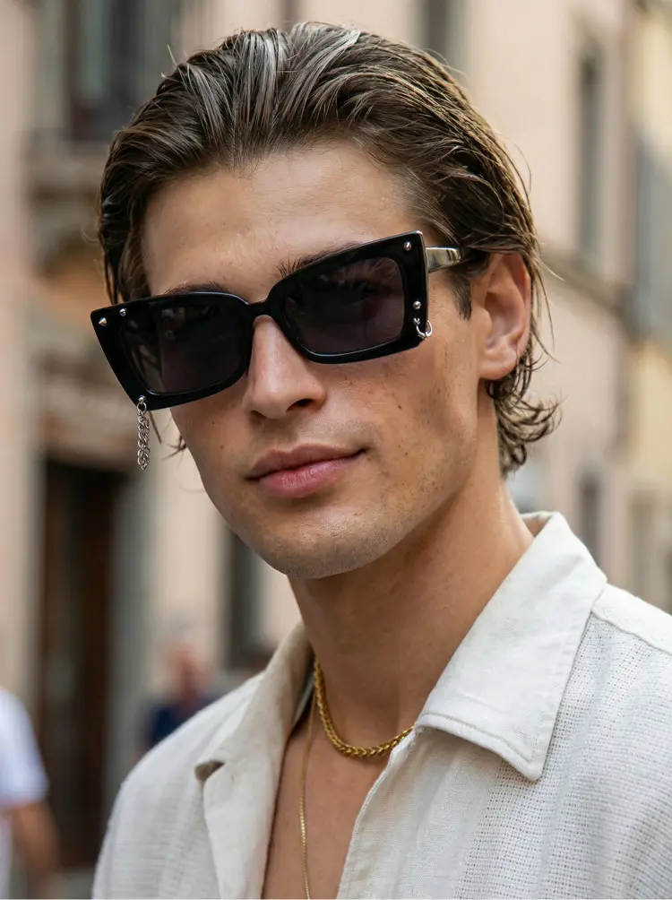 Male model wearing handcrafted black cat eye tr90 handcrafted polarized sunglasses in an outdoor urban street setting. SPU: CR0032509