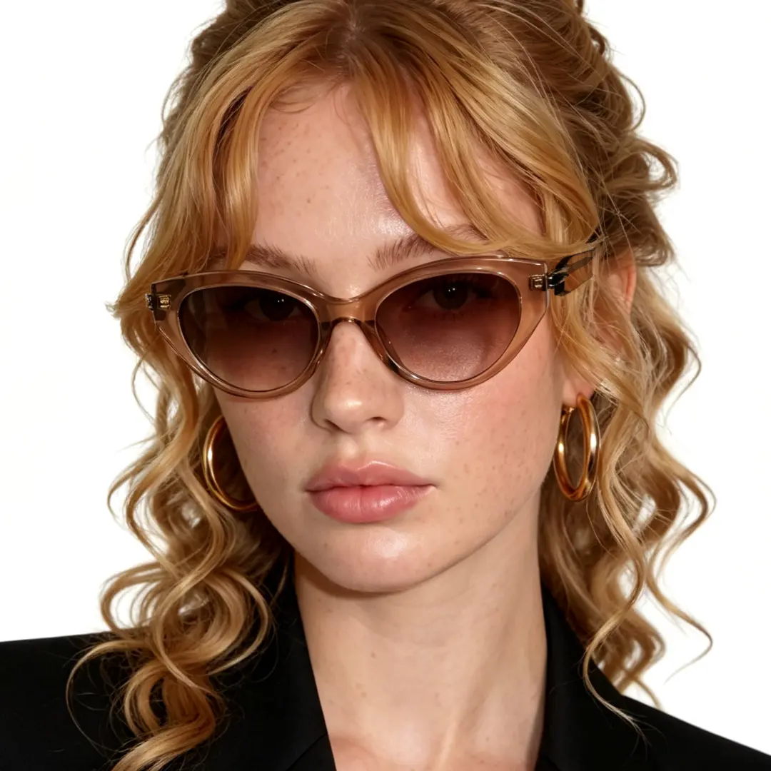 Front view of female wearing fashion brown cat eye sunglasses, neutral expression, CR0042604