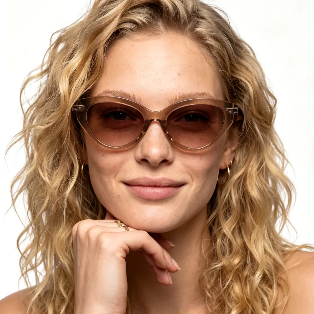 Front view of female wearing fashion brown cat eye sunglasses, resting chin on hand, natural smile, CR0042604