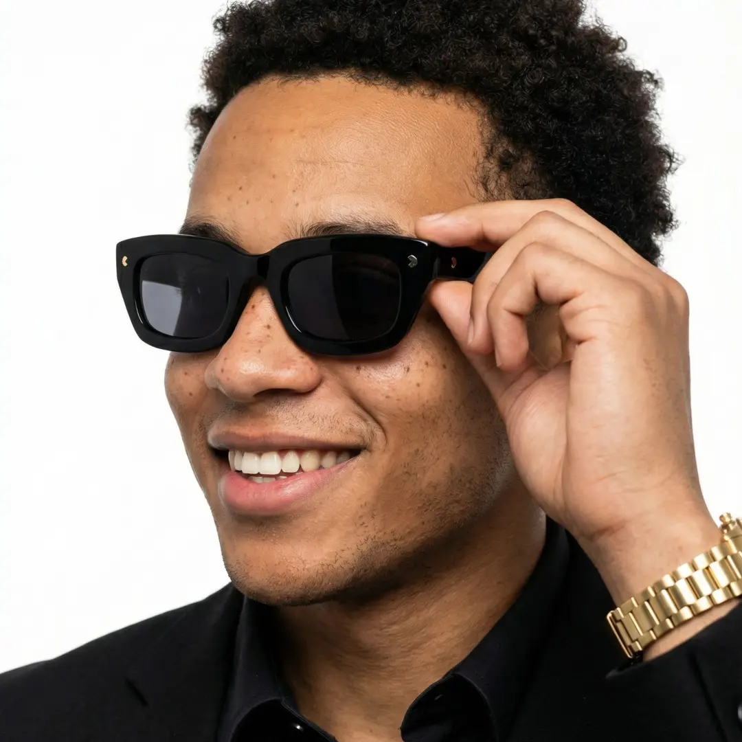 Looking away view of male wearing black rectangle sunglasses, holding glasses, natural smile, EA0072305S