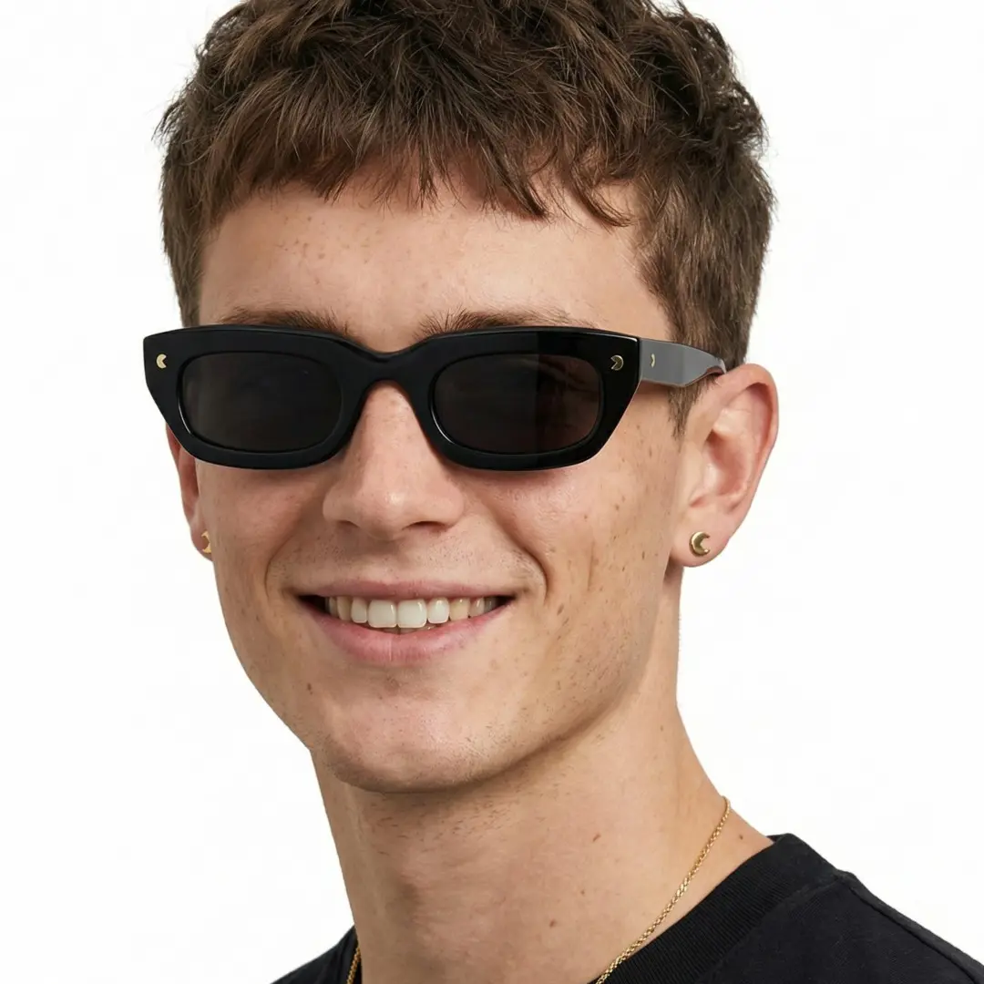 Male wearing nerd black rectangle acetate sunglasses, friendly smile. SPU: EA0072305S