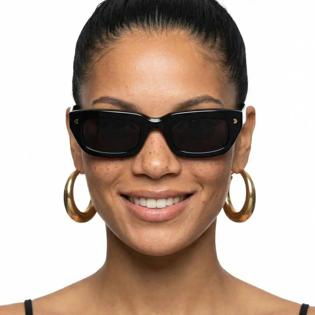Female wearing nerd black rectangle acetate sunglasses, soft smile. SPU: EA0072305S