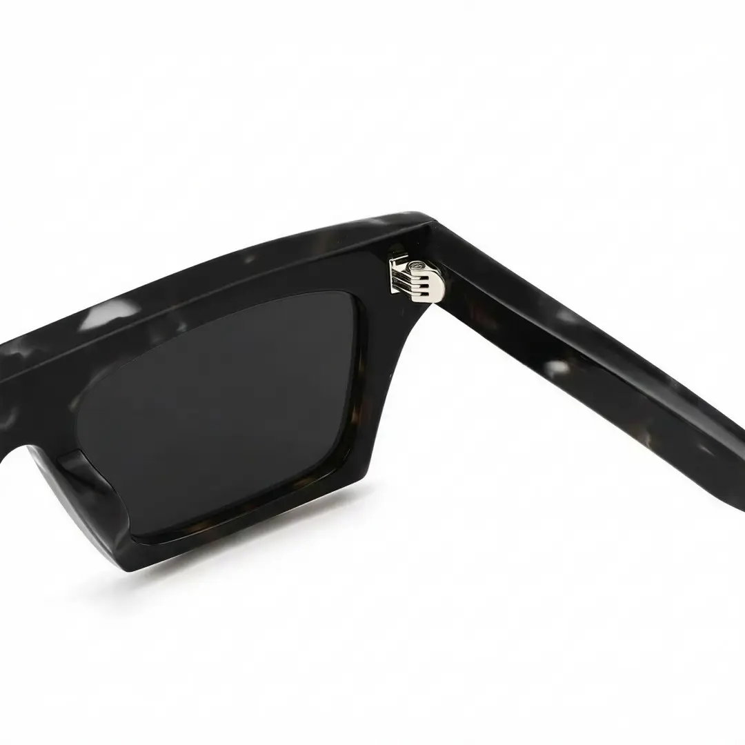Spring hinge detail of Bastian fashion rectangle acetate sunglasses in black. SPU: EA0442508S