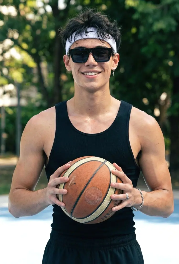 Male model wearing everyday black rectangle acetate sunglasses at an outdoor basketball court. SPU: EA0442508S