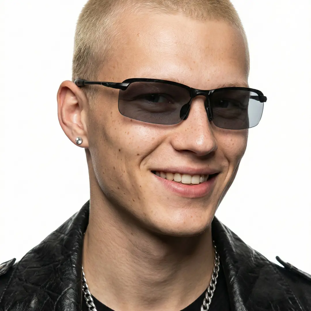 Front view of male wearing black rectangle sunglasses, smiling, EM0072502