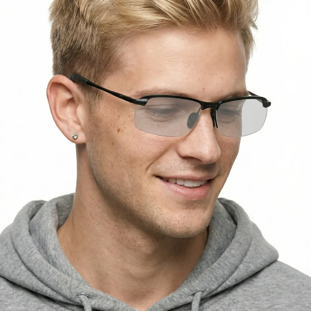 Front view of male wearing grey rectangle sunglasses, natural smile, EM0072502