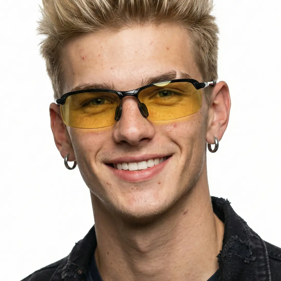 Front view of male wearing yellow rectangle sunglasses, smiling, EM0072502