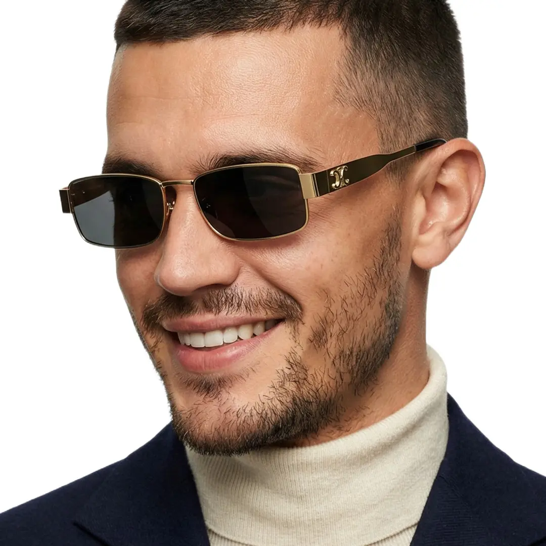 Three-quarter view of male wearing fashion gold rectangle sunglasses, friendly smile, EM0092410