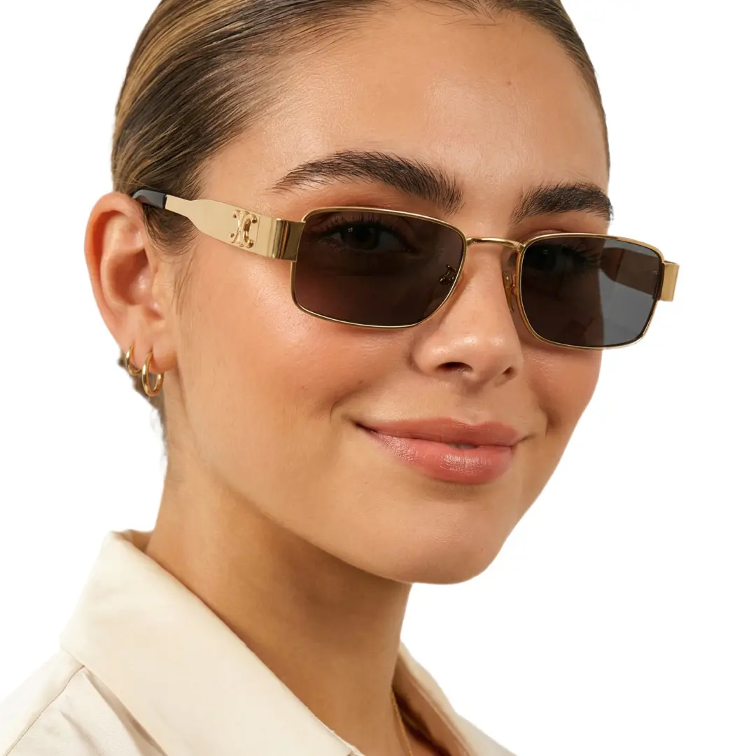 Front view of female wearing fashion gold rectangle sunglasses, natural smile, EM0092410