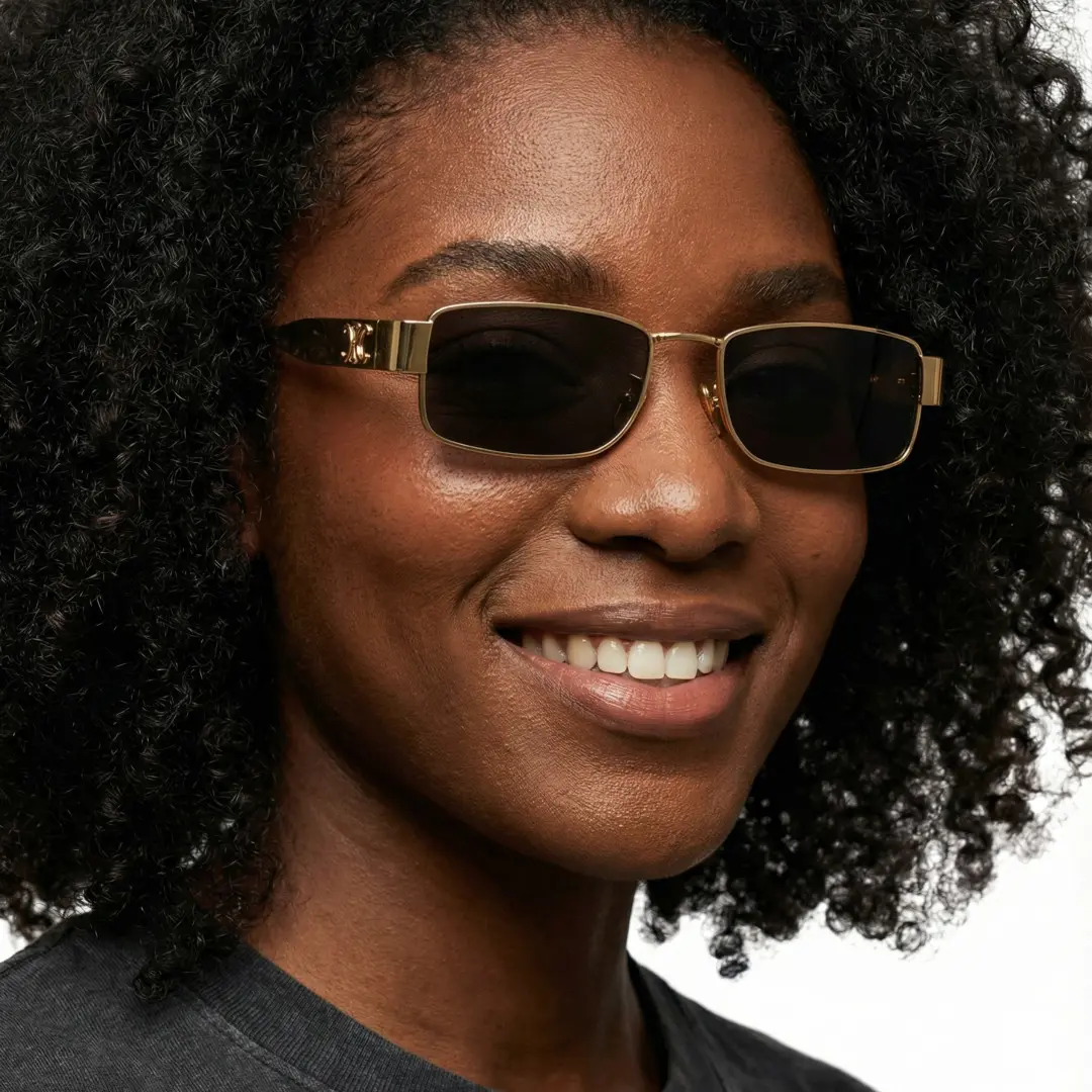 Front view of female wearing fashion gold rectangle sunglasses, natural smile, EM0092410