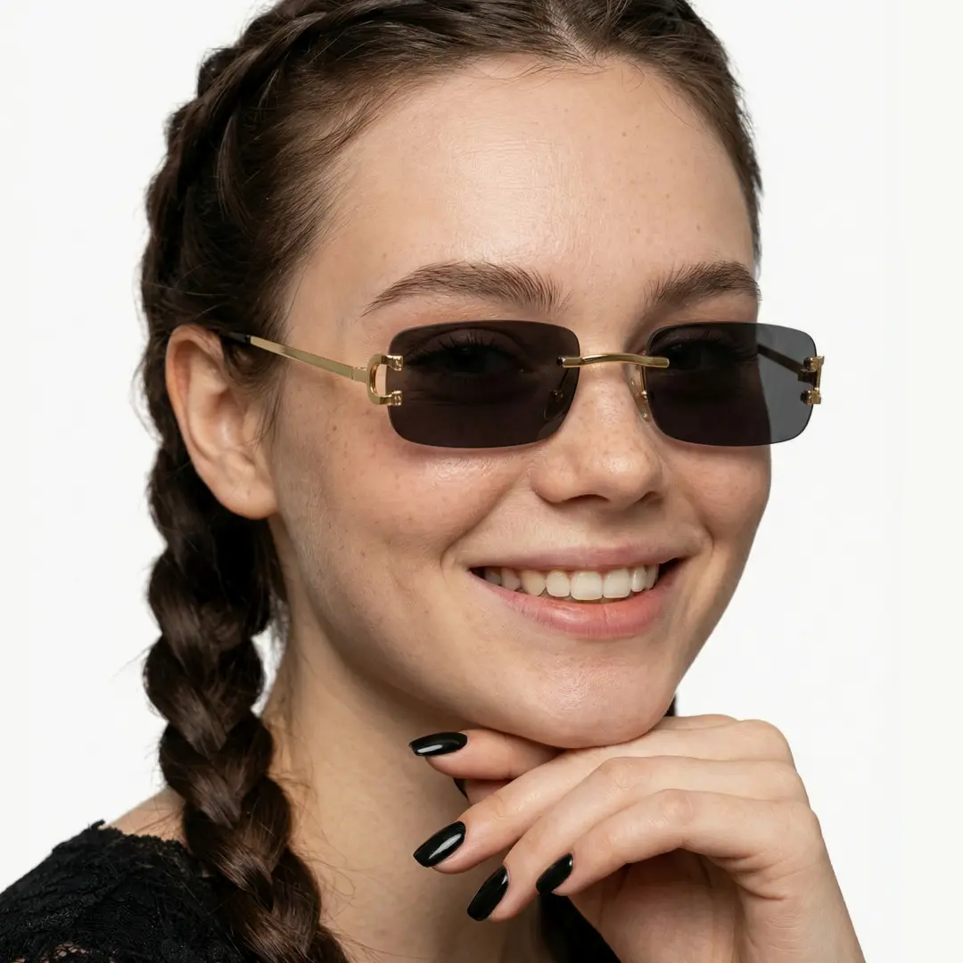 Three-quarter view of female wearing black rectangle sunglasses, natural smile, EM0122410