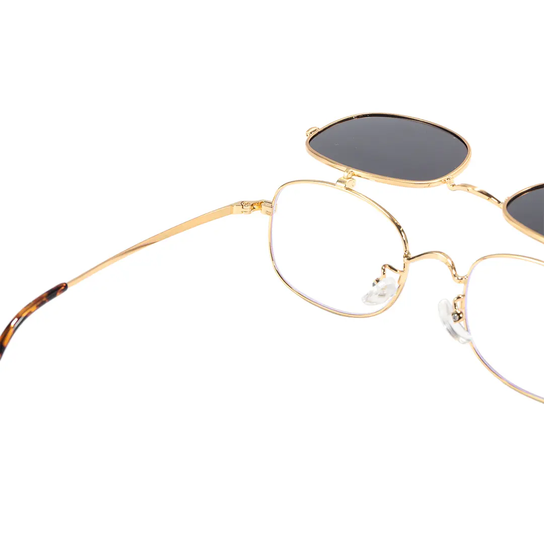 Hinge detail of Hybe rectangle metal flip-up sunglasses EM0122603 in gold