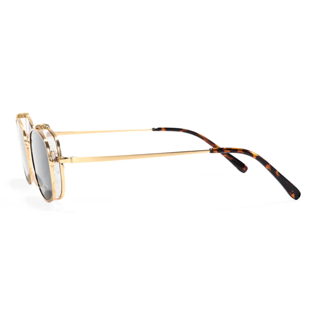 Side view of Hybe rectangle metal flip-up sunglasses EM0122603 in gold