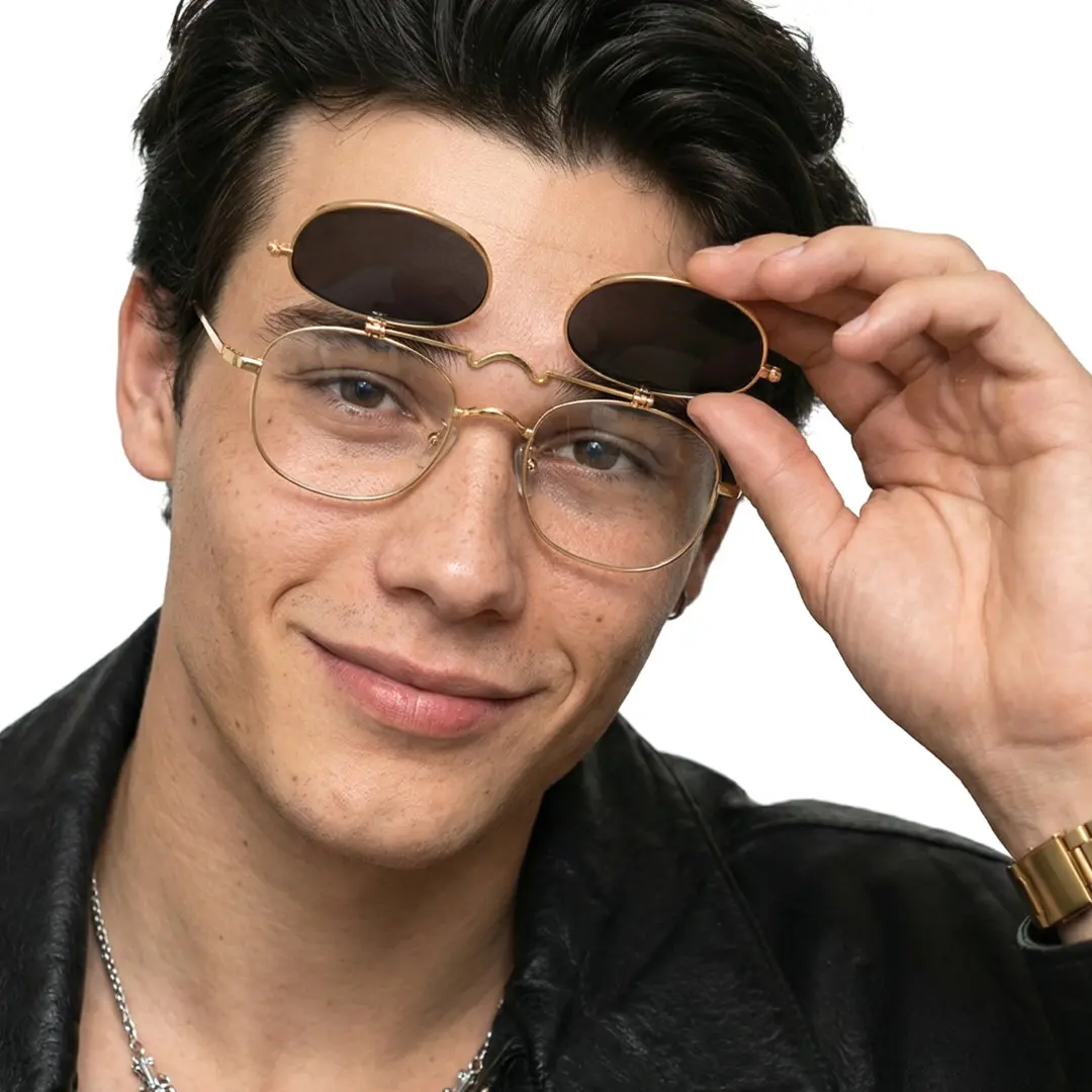 Front view of male wearing gold rectangle sunglasses, touching frame, natural smile, EM0122603