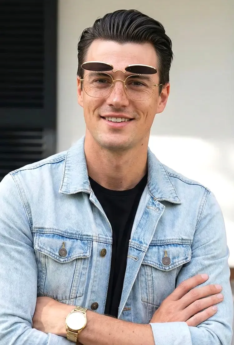 Male model wearing everyday gold rectangle metal flip-up eyeglasses in an outdoor setting. SPU: EM0122603