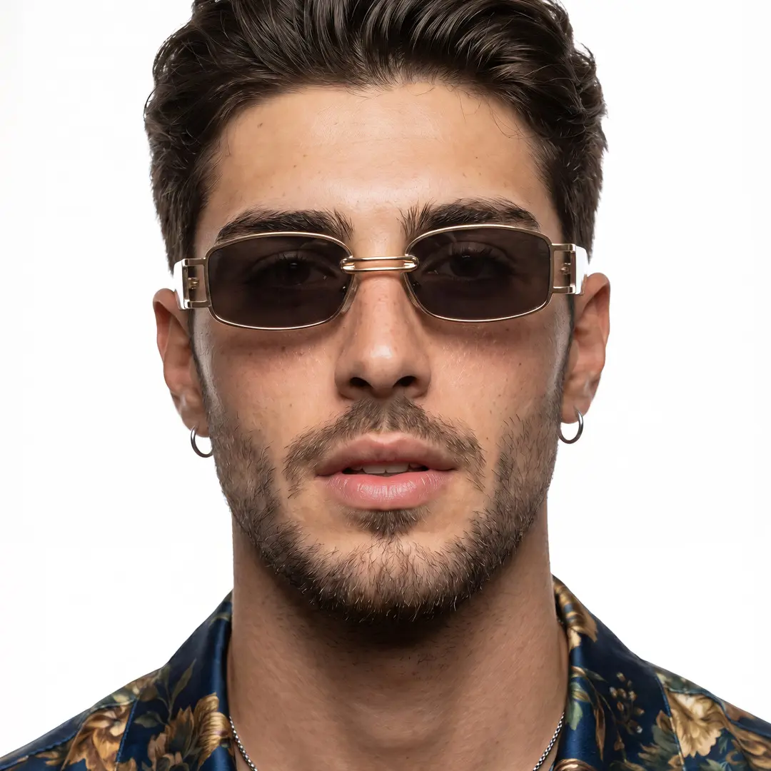 Male wearing fashion gold rectangle metal sunglasses, confident expression. SPU: EM0192303