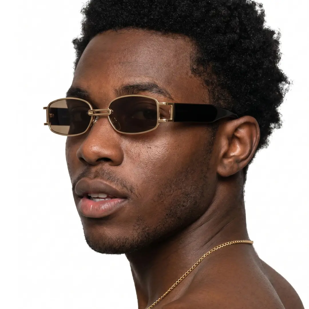 Male wearing fashion gold rectangle metal sunglasses, confident expression. SPU: EM0192303
