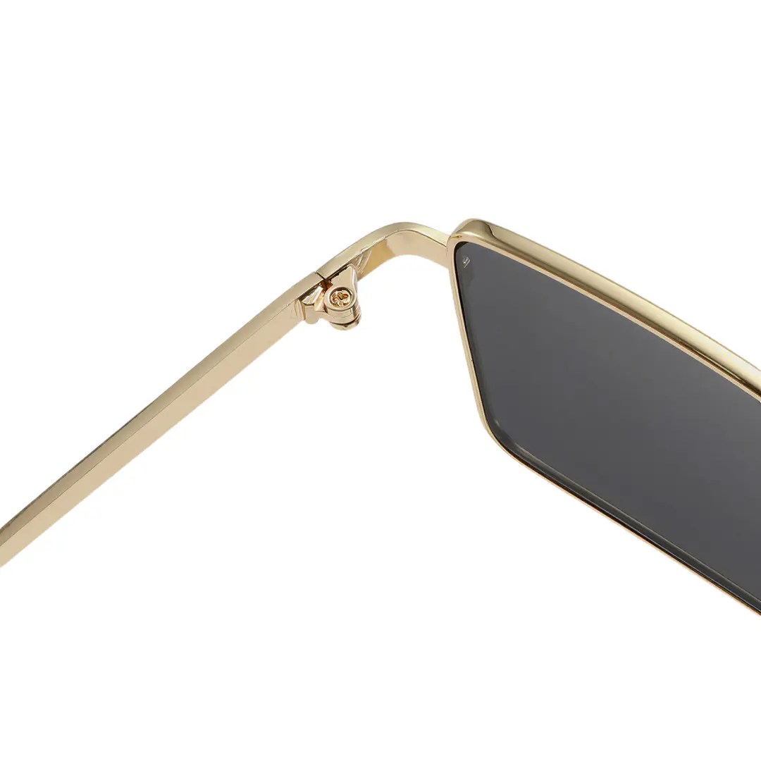 Hinge detail of Halley fashion rectangle metal sunglasses in gold. SPU: EM0212507