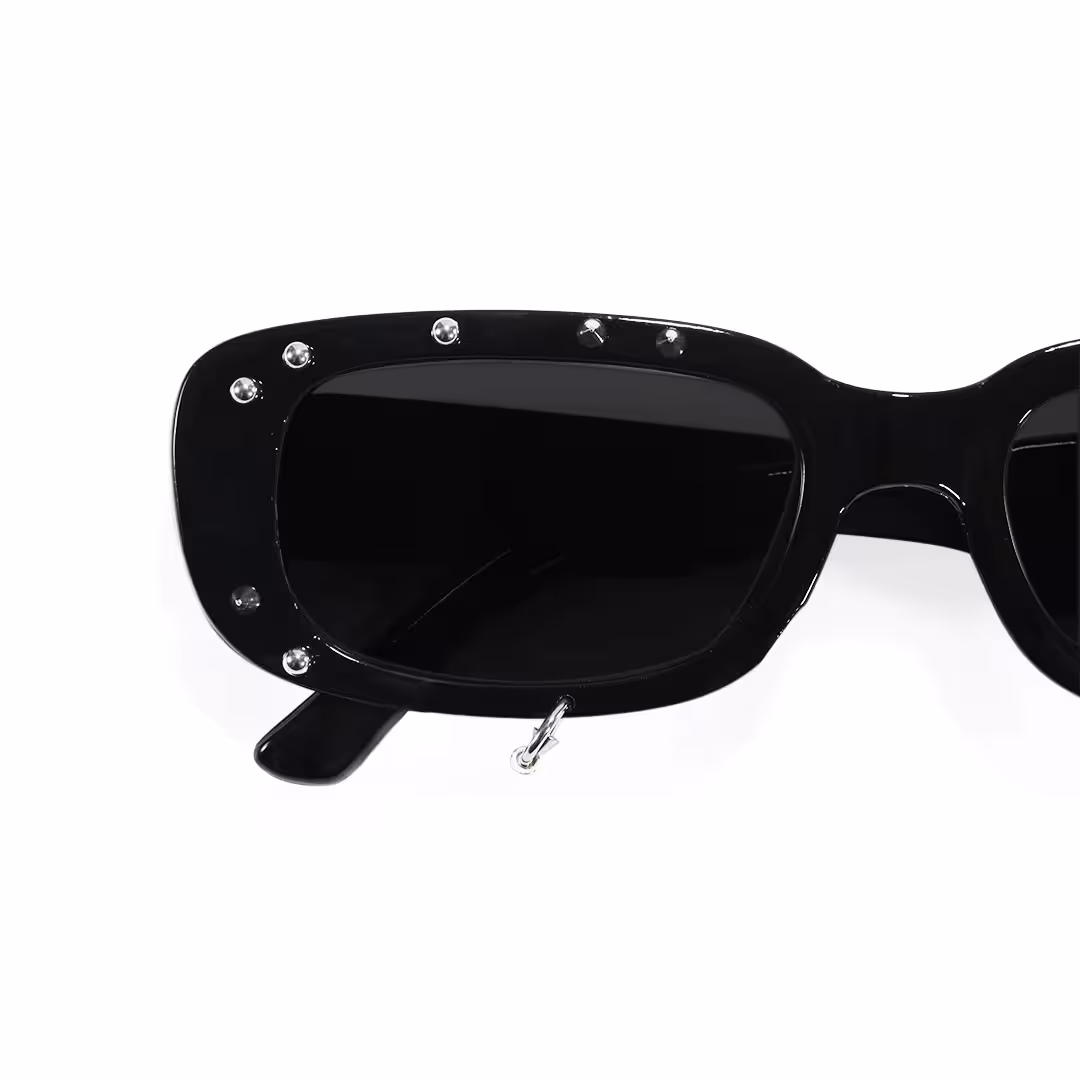 Frame detail view of Sage rectangle pc handcrafted polarized sunglasses in black. SPU: EP0022511
