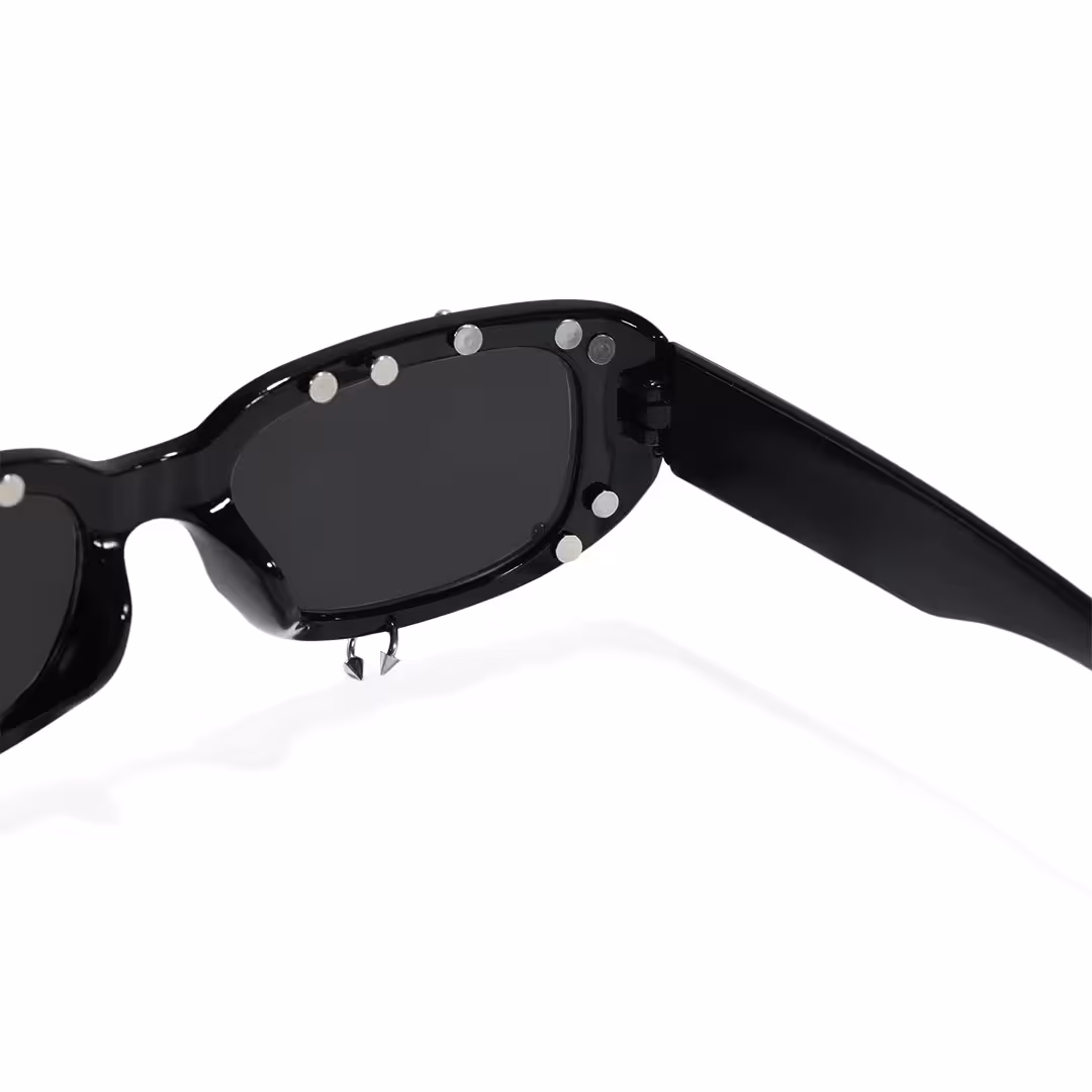 Hinge detail of Sage rectangle pc handcrafted polarized sunglasses in black. SPU: EP0022511
