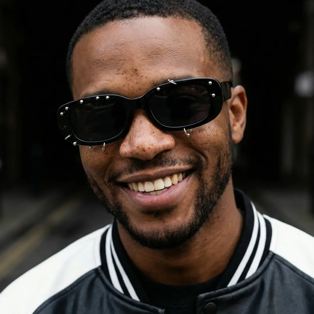 Close-up view of male wearing black rectangle sunglasses, smiling, EP0022511