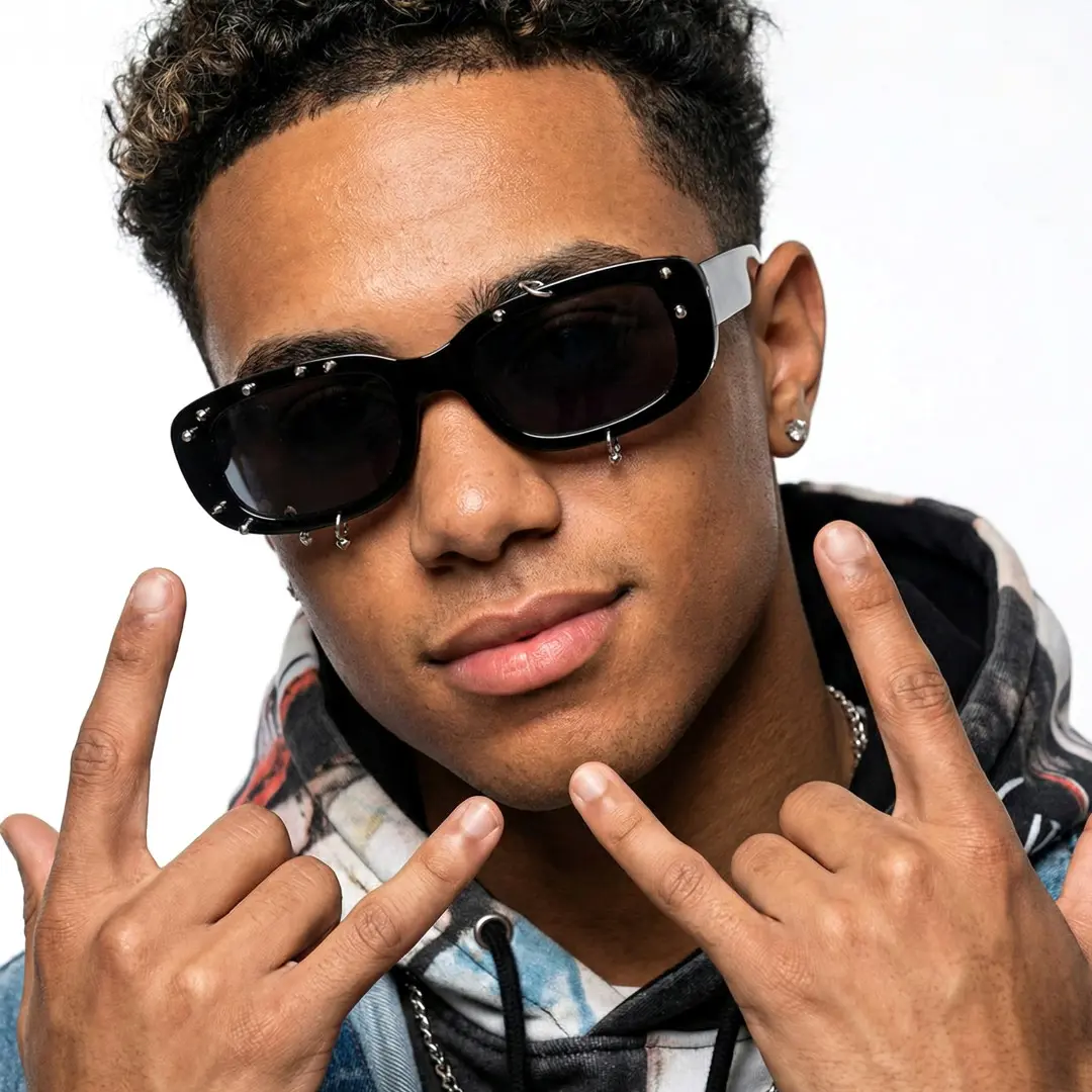 Front view of male wearing black rectangle sunglasses, confident expression, EP0022511