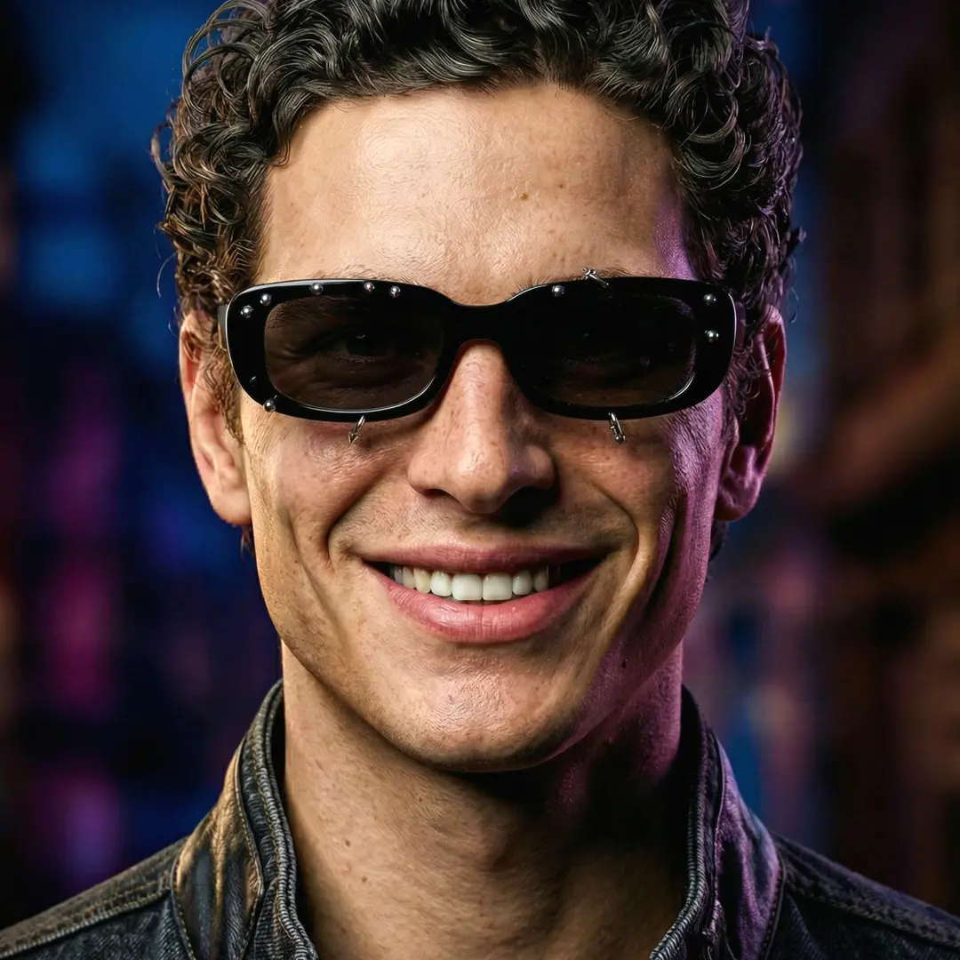 Looking straight ahead view of male wearing black rectangle sunglasses, confident expression, EP0022511