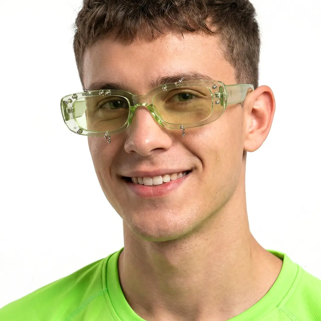Three-quarter view of male wearing green rectangle sunglasses, natural smile, EP0022511