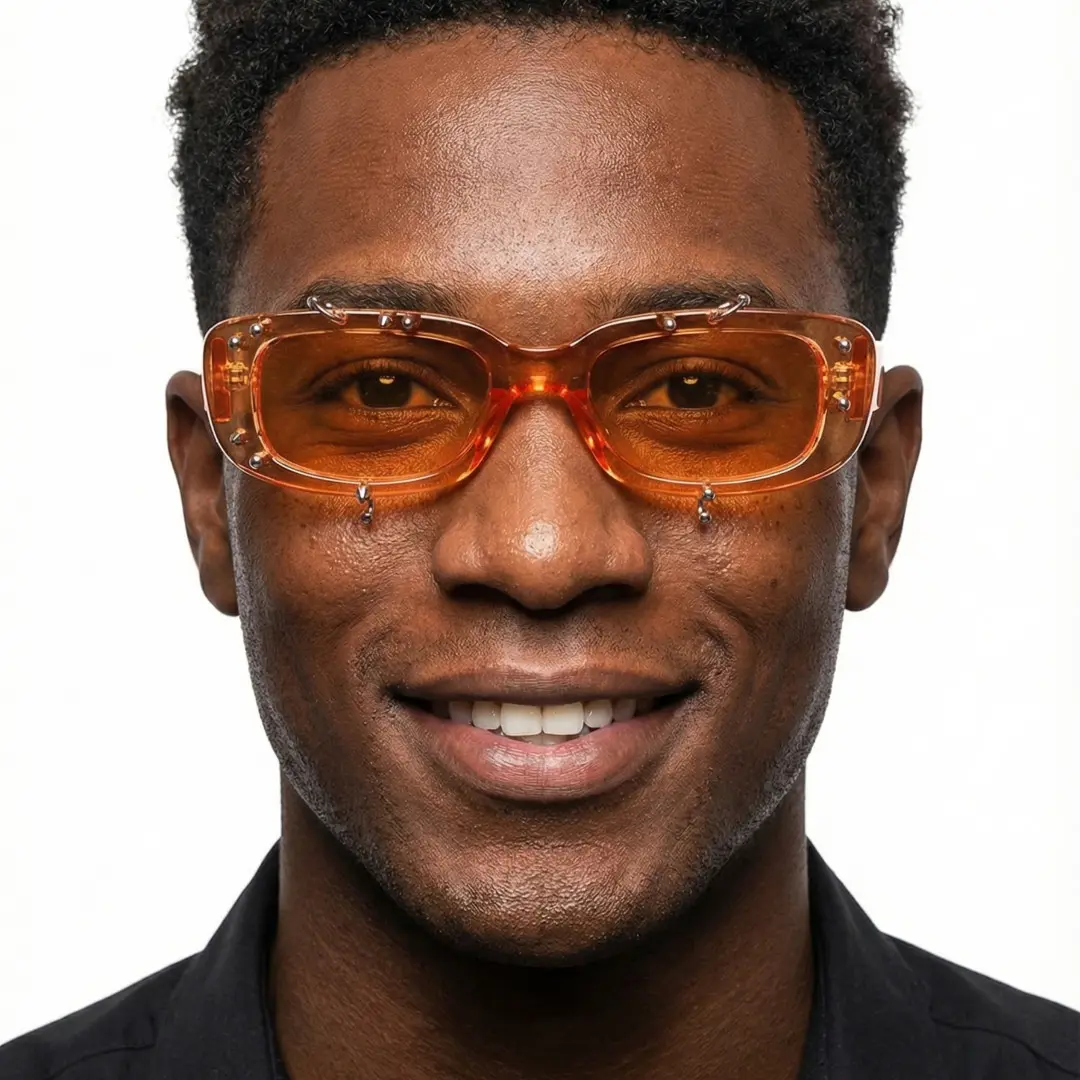 Looking straight ahead view of male wearing orange rectangle sunglasses, smiling, EP0022511