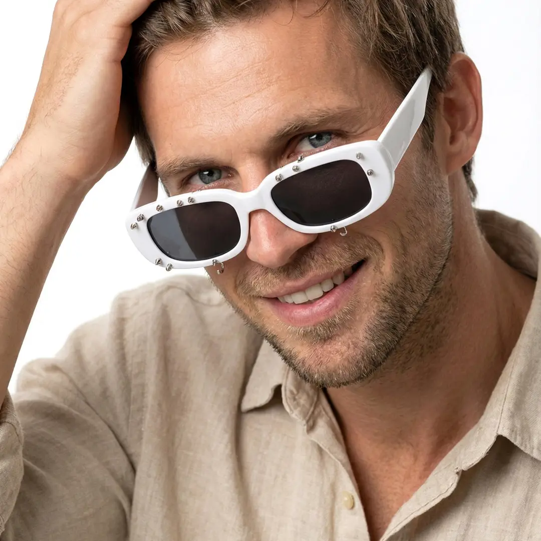 Front view of male wearing white rectangle sunglasses, tilting head, confident expression, EP0022511
