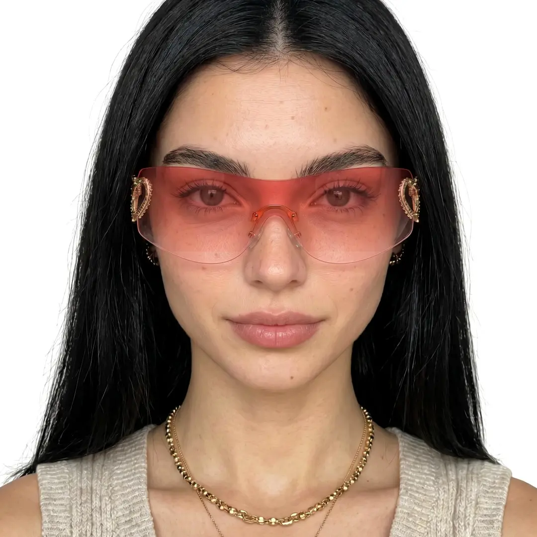 Female wearing y2k pink rectangle pc sunglasses, natural smile. SPU: EP0022604