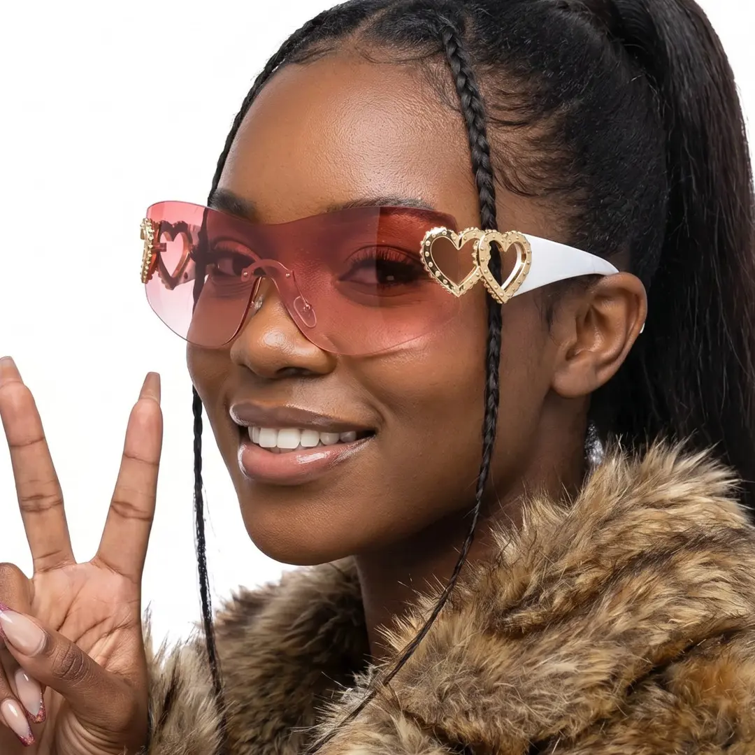 Female wearing y2k pink rectangle pc sunglasses, smiling. SPU: EP0022604
