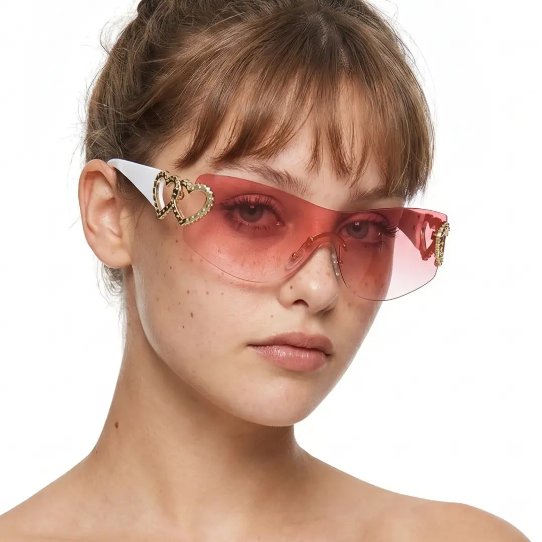 Three-quarter view of female wearing y2k pink rectangle sunglasses, neutral expression, EP0022604