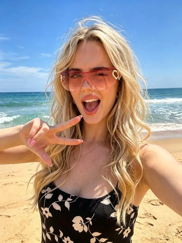 Female model wearing y2k pink rectangle pc sunglasses taking a selfie at a sunny beach. SPU: EP0022604