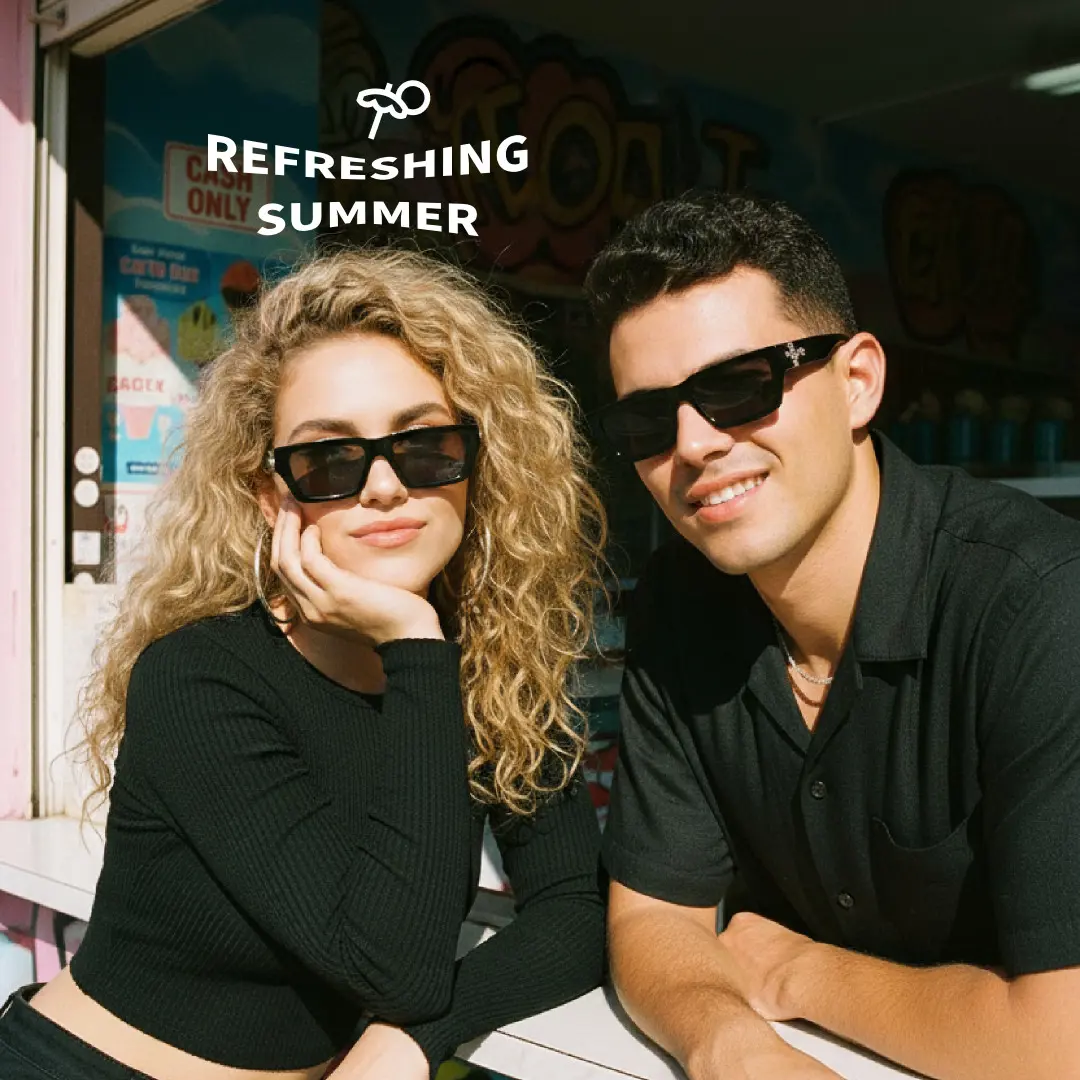 Front view of couple wearing black rectangle sunglasses, various expressions, EP0082511