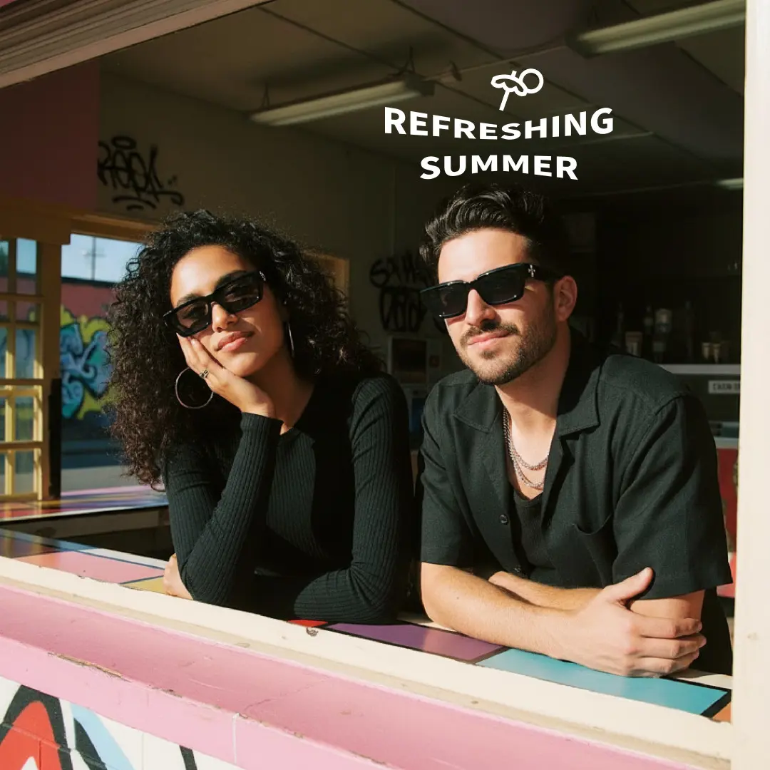 Profile view of couple wearing black rectangle sunglasses, resting chin on hand, various expressions, EP0082511