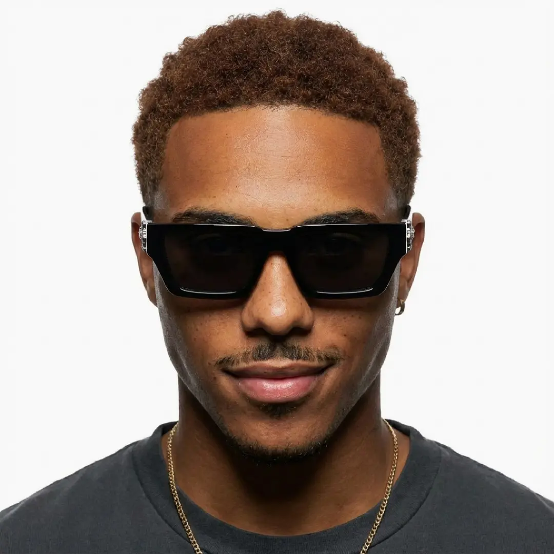 Front view of male wearing black rectangle sunglasses, confident expression, EP0082511