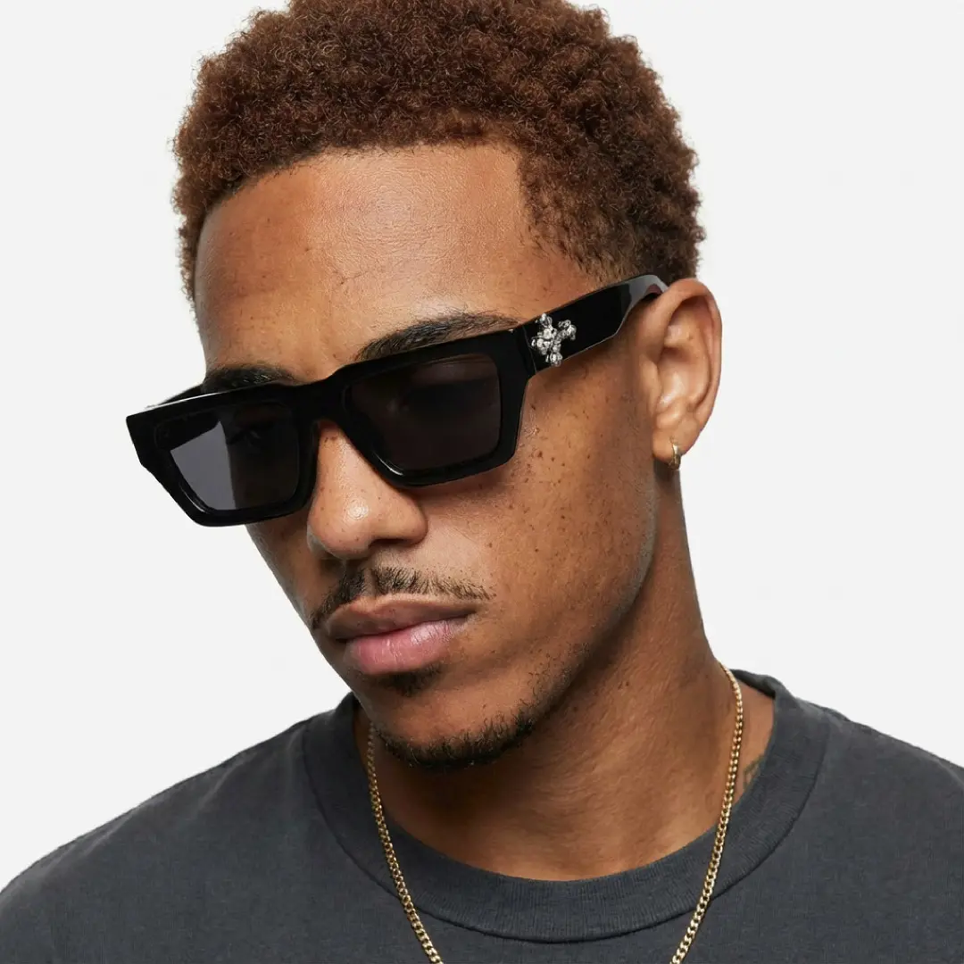 Profile view of male wearing black rectangle sunglasses, neutral expression, EP0082511