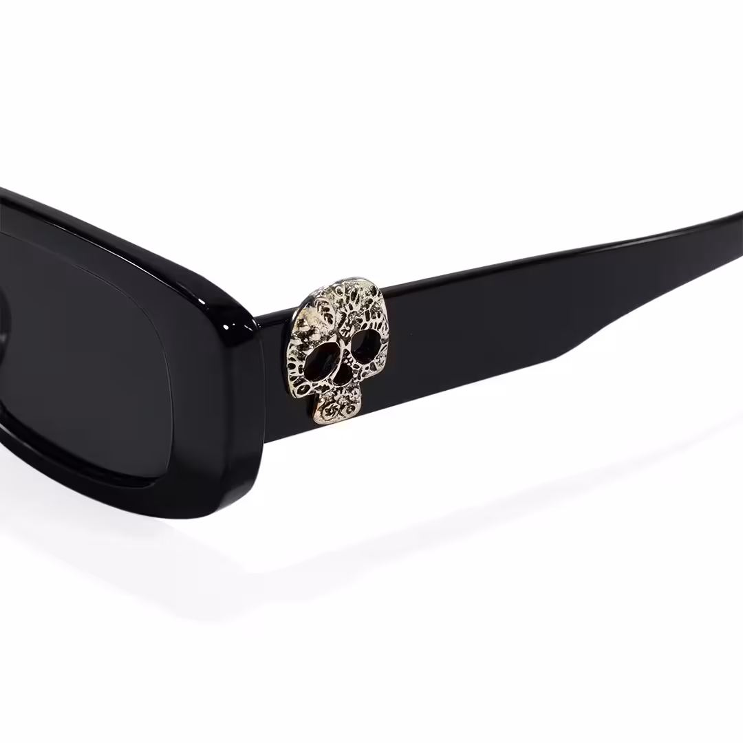 Frame detail view of Lysander rectangle pc sunglasses in black. SPU: EP0092511