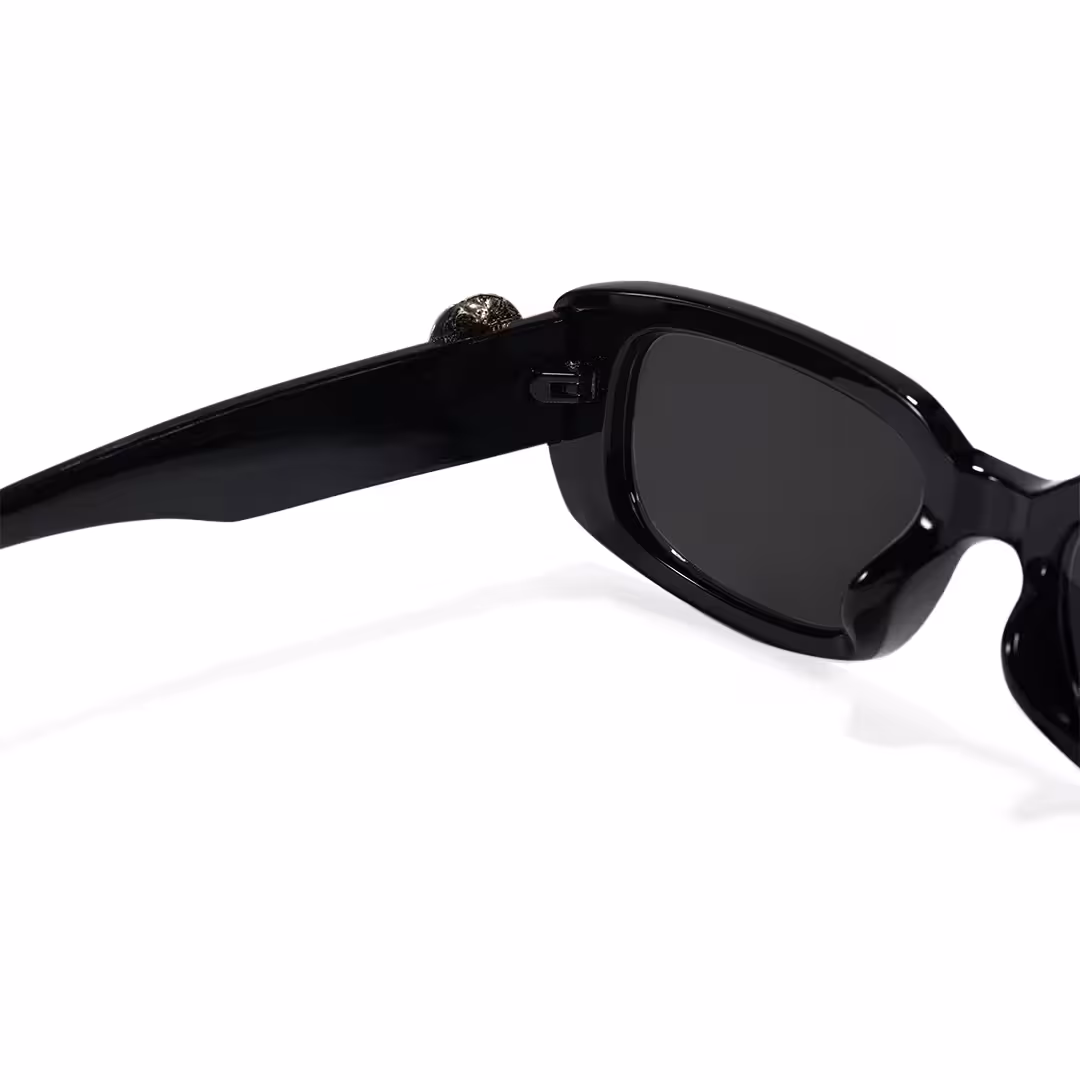 Hinge detail of Lysander rectangle pc sunglasses in black. SPU: EP0092511