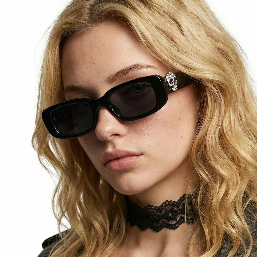 Tilted head view of female wearing black rectangle sunglasses, natural expression, EP0092511