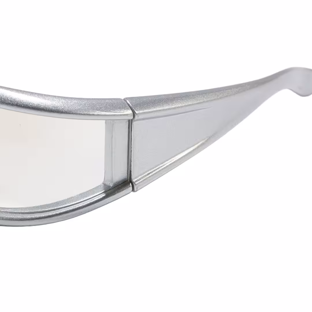 End piece detail of Fael y2k rectangle pc sunglasses EP0092605 in silver
