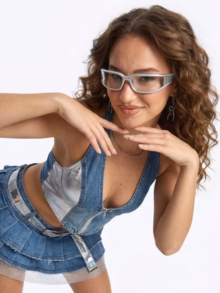 Female model wearing y2k silver rectangle pc sunglasses in a clean studio setting. SPU: EP0092605